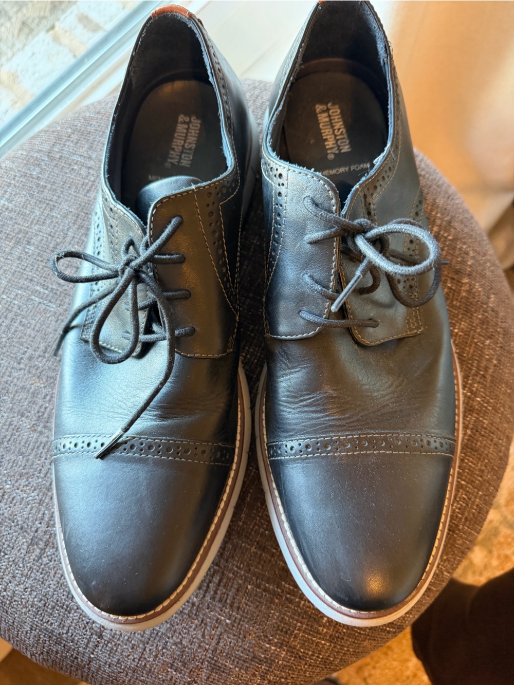 Johnston & Murphy Black Leather Lace-Up Derbys with Brogue Trim